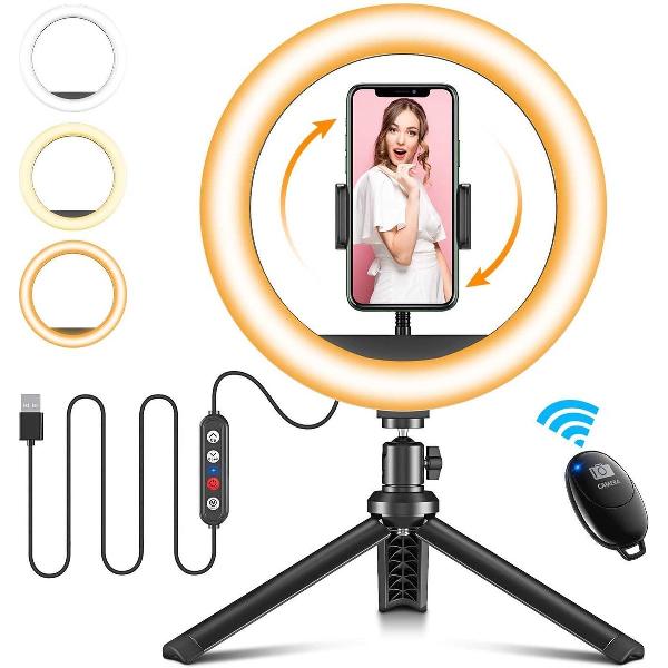 ringlight met statief - ZINAPS 10 Inch Ring Light met statief en Mobile Phone Holder, dimbare Ring licht met Bluetooth Remote Control for Volg Live Streaming Make-Up, 3 lichte kleuren en 10 Helderheid Levels Verstelbare