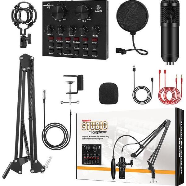 Professionele Studio Microfoon - Podcast studio - V8 soundcard - Computer microfoon - voor Karaoke, Live-opname, Gaming, Streaming, Video, Podcast, etc. - Condensator microfoon - Microfoon arm met Shockmount, Popfilter en Windkap - Zwart