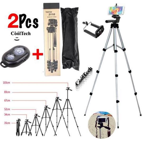 2x Camerastatief, Smartphone Statief, Smartphone Tripod Voor Fotocamera en Smartphone Inclusief Bluetooth Remote Shutter en Waterpas, 108Cm Zilver – CoolTech