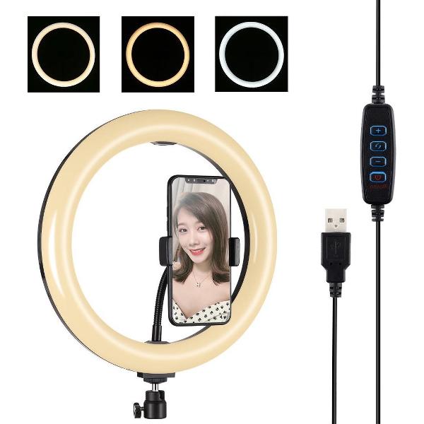 PULUZ 10,2 inch 26 cm USB 3 standen Dimbaar Dubbele kleurtemperatuur LED Gebogen diffuus lichtring Vloggen Selfie Fotografie Videolichten met telefoonklem (zwart)