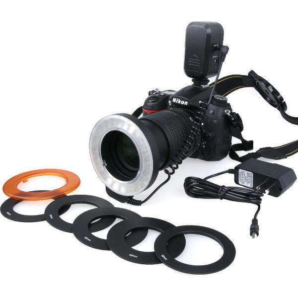 Cirkelvormig LED-flitslicht met 48 LED-verlichting en 6 adapterringen (49 mm / 52 mm / 55 mm / 58 mm / 62 mm / 67 mm) voor macrolens (wit)