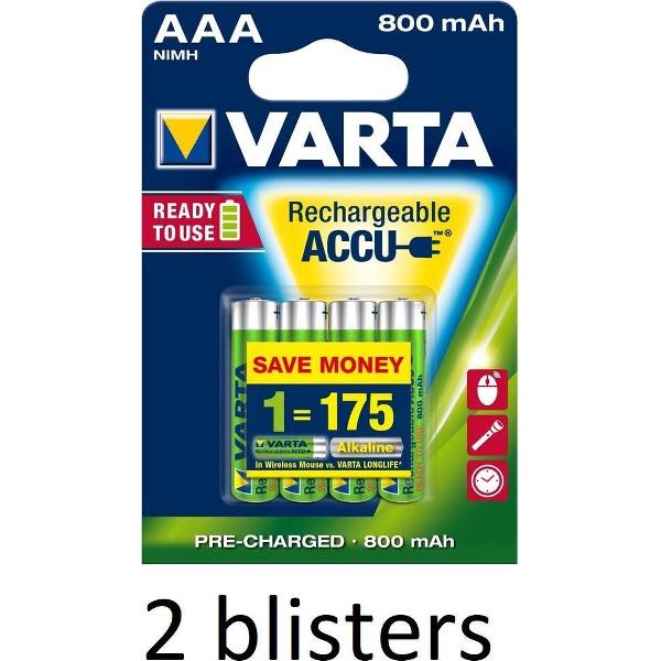 8 stuks(2 blisters a 4 stuks) Varta AAA Oplaadbare Batterijen - 800mAh
