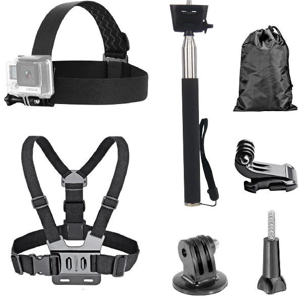 Accessoires Set voor GoPro en Action Cams – Borstharnas – Hoofdband – Stick – Mounts – Opbergzakje