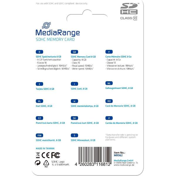 MediaRange MR962 flashgeheugen 8 GB SDHC Klasse 10