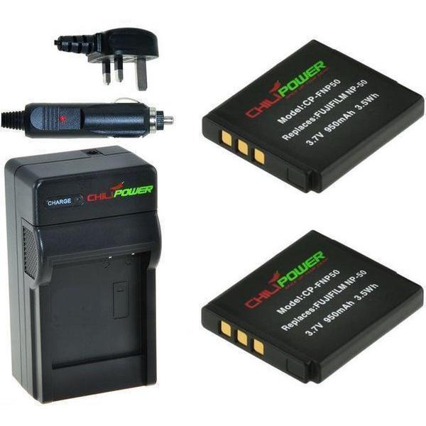 ChiliPower 2 x NP-50 accu's voor Fujifilm - Charger Kit + car-charger - UK versie