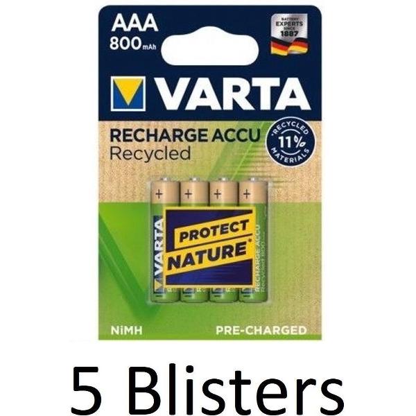 20 Stuks (5 Blisters a 4 st) Varta Recharge Accu Recycled AAA Oplaadbare Batterijen 800 mAh