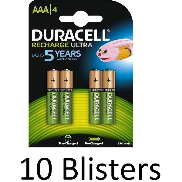 40 Stuks (10 Blisters a 4 st) Duracell AAA Oplaadbare Batterijen - 800 mAh
