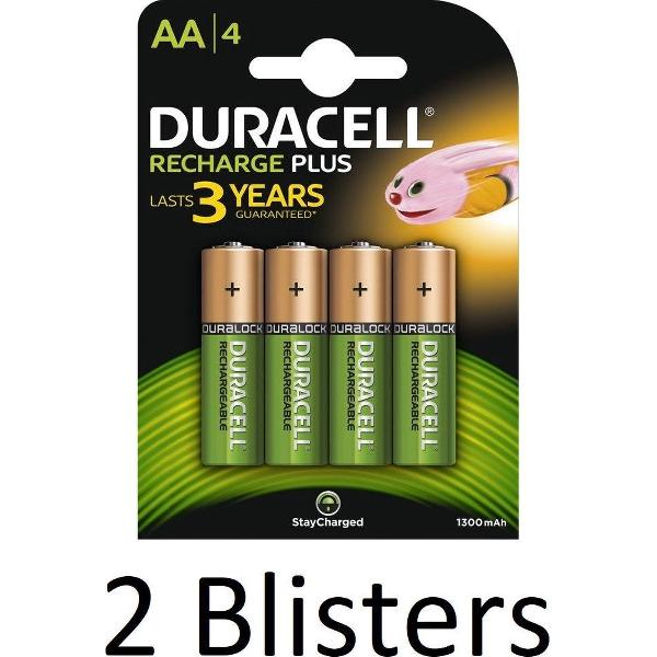 8 Stuks (2 Blisters a 4 st) Duracell AA Oplaadbare Batterijen - 1.300 mAh