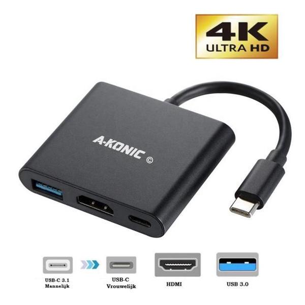 USB-C naar HDMI (4K), USB A en USB C Opladen | 3 in 1 Adapter | Type C To HDMI, USB 3.0 & Type-C Fast Charging Hub | Compatible Wth Apple Macbook Pro | Air | Chromebook | IMAC | XPS | Dell | Lenovo | Surface | Samsung | Zwart | A-KONIC©