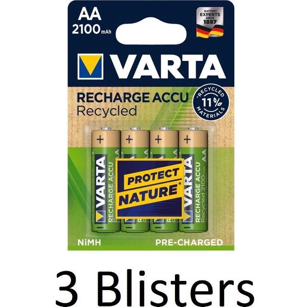 12 Stuks (3 Blisters a 4 st) Varta Recycled AA Oplaadbare Batterijen - 2100 mAh