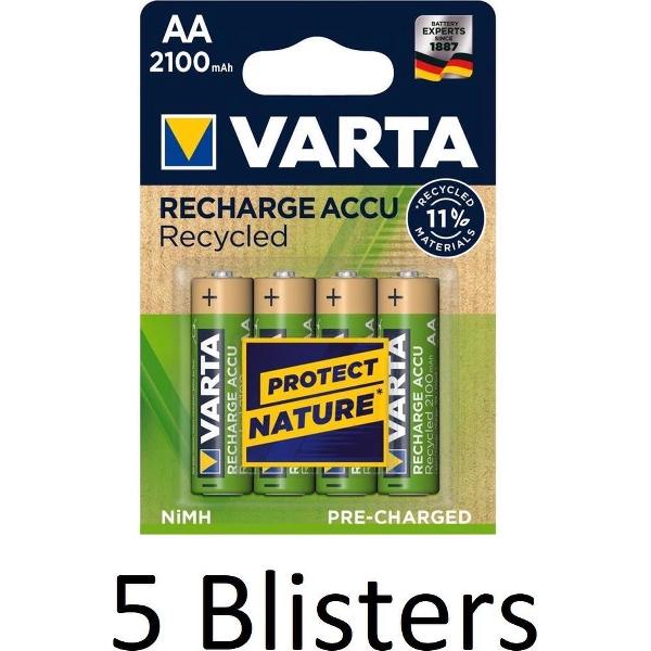20 Stuks (5 Blisters a 4 st) Varta Recycled AA Oplaadbare Batterijen - 2100 mAh