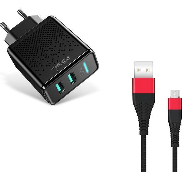 DrPhone - ACC02 IQ Smart 2 Poort Lader - 5V 2.4A - 2 USB Poorten + 1 Meter X1 Micro-USB Kabel - Zwart