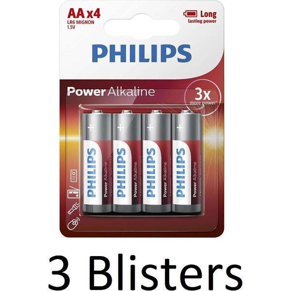 12 Stuks (3 Blisters a 4 st) Philips Power Alkaline AA Batterijen