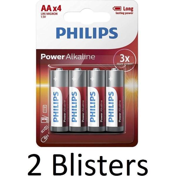 8 Stuks (2 Blisters a 4 st) Philips Power Alkaline AA Batterijen