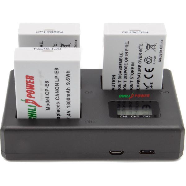 ChiliPower Canon Accu LP-E8 Kit Deluxe - 3 accu's + Triple lader, voor het laden van 3 accu's