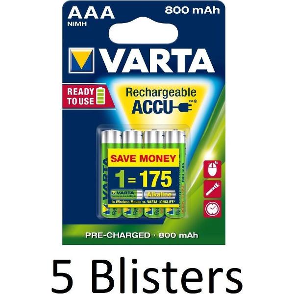 20 Stuks (5 Blisters a 4 st) Varta AAA Oplaadbare Batterijen - 800mAh