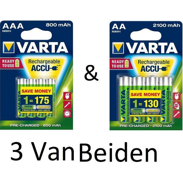 (3 Van Beiden) Varta AA & AAA oplaadbare batterijen Combi aanbieding 800 mAh & 2100 mAh