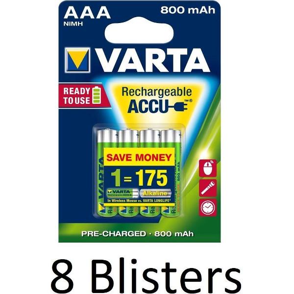 32 Stuks (8 Blisters a 4 st) Varta AAA Oplaadbare Batterijen - 800mAh