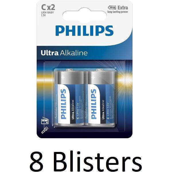 16 Stuks (8 Blisters a 2 st) Philips Ultra Alkalline C Batterijen