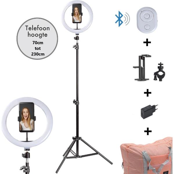 Varin® Ringlamp met 2m statief - LED - 26 cm / 10 inch - 230 cm hoog - Bluetooth remote shutter - Telefoonhouder - Tablethouder - Zalmroze tas - Oplader met 2 USB poorten