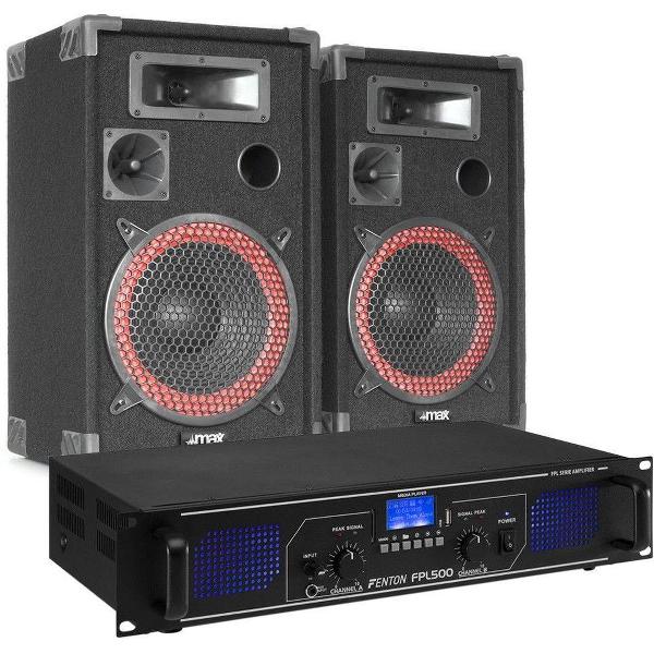 DJ set geluidsinstallatie - Fenton FPL500 klasse-D versterker met Bluetooth + XEN-3508 speakerset 8 inch - Complete set!