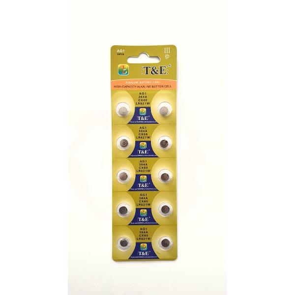 T & E - Ag 1 batterijen |Strip 10 stuks (ook bekend als AG1, LR621, G1, LR60, 164, 364) knoopcel batterijen