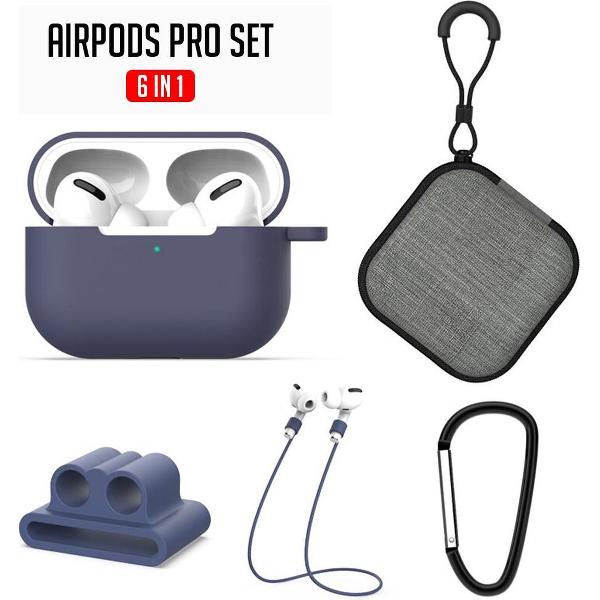 Airpods Pro Silicone Case - 6-in-1 bescherming set voor de Airpods Pro - Airpods Pro Soft Case - Airpods Pro Travel case - Horloge houder - Anti lost Straps - Karabijn haak - 25 Cleaning Sticks (tijdelijk) - Donker Blauw