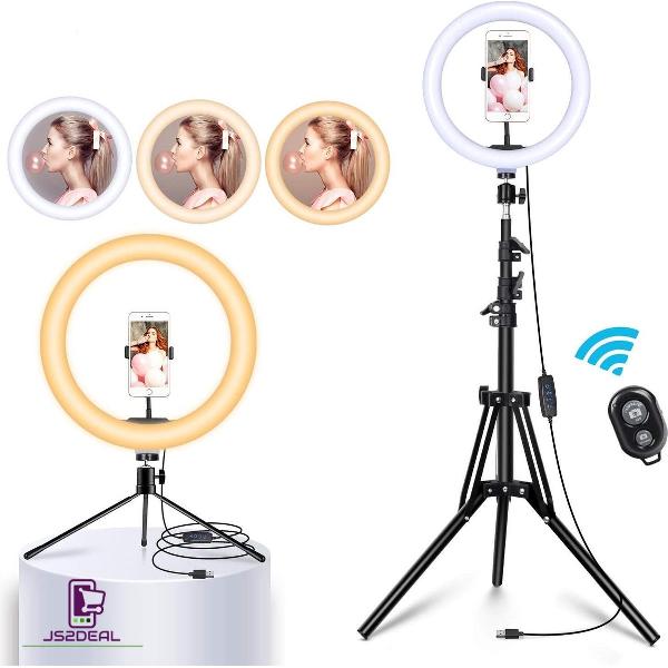 LED Ring lamp USB met telefoonhouder en statief - 3 lichtstanden - 26 cm 10 inch - Vlog - Ring led - Make-up lamp - Ringlight - TikTok - Instagram - Studiolamp - Fotostudio - Beauty - Ring flitser met statief en tripod en bluetooth afstandsbediening