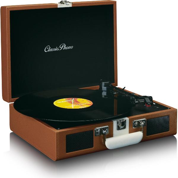 Classic Phono TT-120BNWH - Platenspeler met Bluetooth ontvangst en ingebouwde speakers en oplaadbare accu - Bruin/Wit