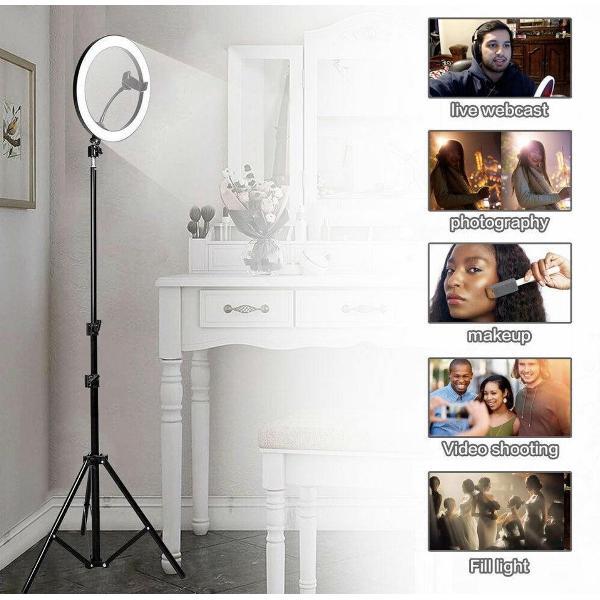 Tripod Camera Statief 2M met Ring Lamp, LED Ring Light 35 Cm Inclusief Bluetooth shutter enTelefoonhouder Smartphone – HiCHiCO