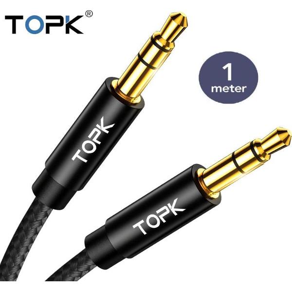 TOPK® | AUX Kabel | 1 Meter | Verguld | 24K Gold Plated | Stereo Audio Jack Kabel 3.5 mm | Male to Male | Geweven | Zwart