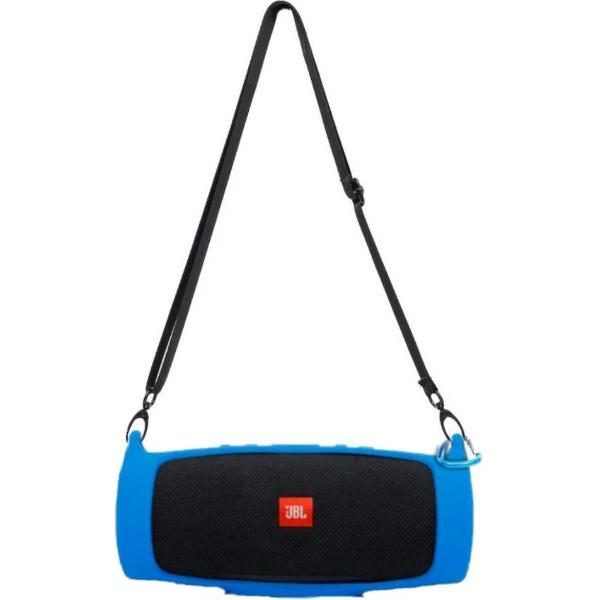 Blauwe JBL charge 4 Siliconen case | JBL charge 4 beschermhoes | met schouderriem en clip | JBL charge 4 case | blauwe speakerhoes
