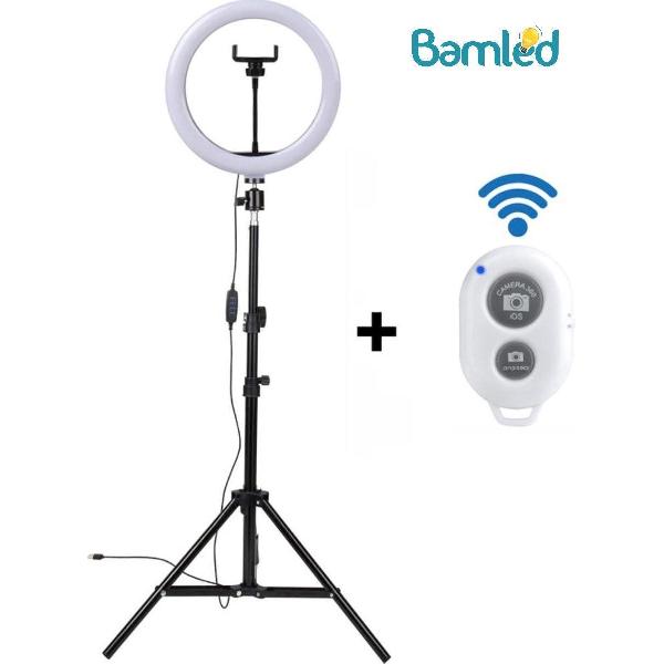Bamled Ringlamp met statief (verstelbaar) incl telefoonhouder en bluetooth afstandsbediening - 26 cm/10 inch -186 cm hoog - USB - TikTok - Ringlight - flitser - Ring lamp - Vlog - Make-up light - Studiolamp