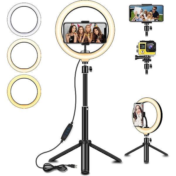 SYOSIN LED-ringlicht met uitschuifbare statiefstandaard, 8 ''LED Selfie Ringlicht, Ring Light& Telefoonhouder met 3 kleurmodi en 10 helderheid voor Tiktok, Youtube Video, Make-up, Fotografie, Live Streaming