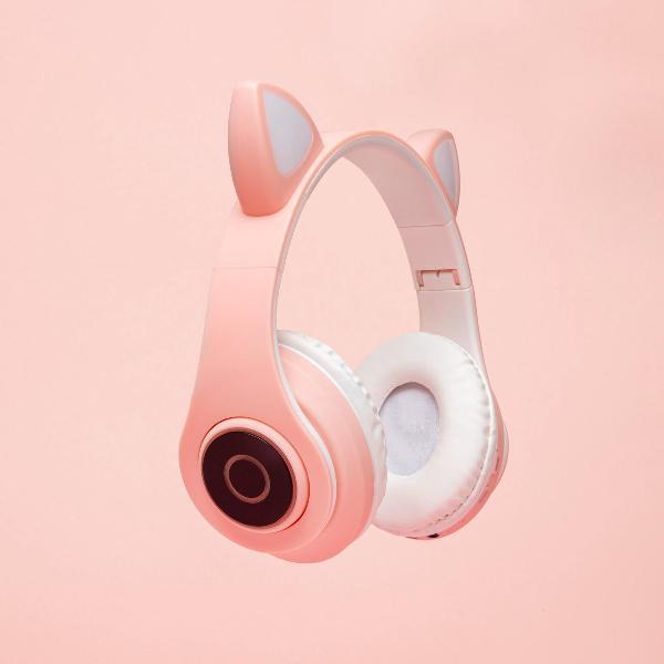 ®Seizoenstunter - Kinder hoofdtelefoon - Draadloze koptelefoon Bluetooth met led kattenoortjes - roze