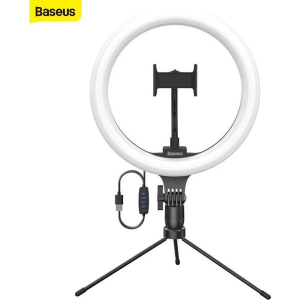 Baseus Ringlamp | Medium | 10 inch – 25,4 cm | 3 kleurenmodi | Dimbaar | Helderheid instelbaar | Ringlight | Selfie | USB | Studiolamp | Make-up | Tiktok | Vlog | Statief | Mobiele telefoon houder | Verstelbaar | Gaming | Streaming | Youtube