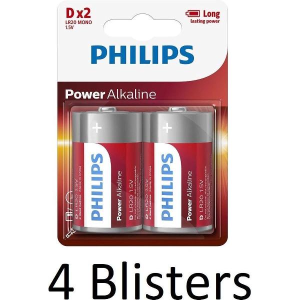 8 Stuks (4 Blisters a 2 st) Philips Power Alkaline D Batterijen