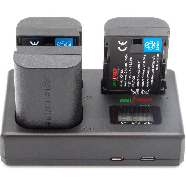 ChiliPower Canon Accu LP-E6 Kit Deluxe - 3 accu's + Triple lader, voor het laden van 3 accu's