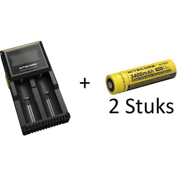 Nitecore Digicharge D2 EU 2 chanel Smart charger for Li-ion/Nimh/Ni-Cd batteries + 2 Nitecore 18650 3400 mah Batterijen