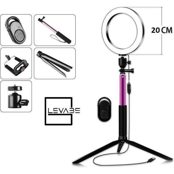 Professionele TIKTOK 20 CM Ringlamp Met paarse SELFIESTICK plus afstandbediening & Statief 107 CM | Fotostudio | Licht studio set | Make up licht | Met statief | + Houder