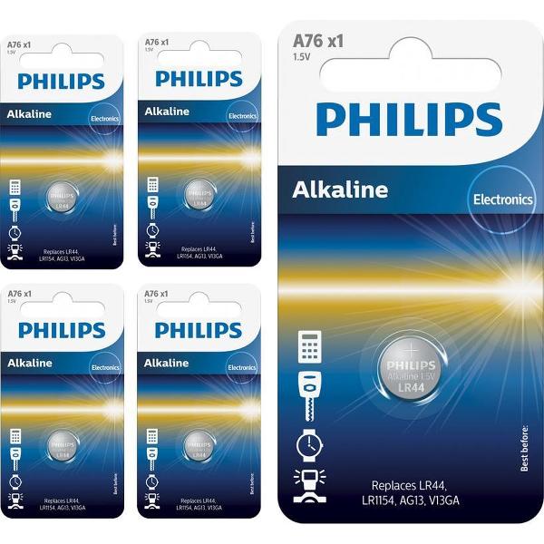 5 Stuks - Philips LR44/76A 1.5v Alkaline knoopcel batterij