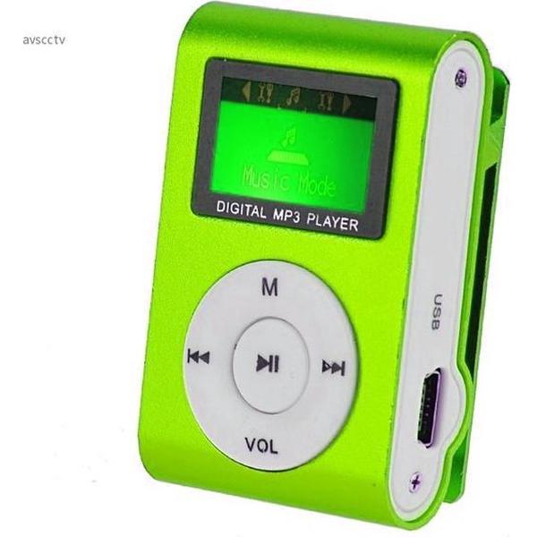 Mini clip MP3 speler FM radio met display Groen en in-ear koptelefoon