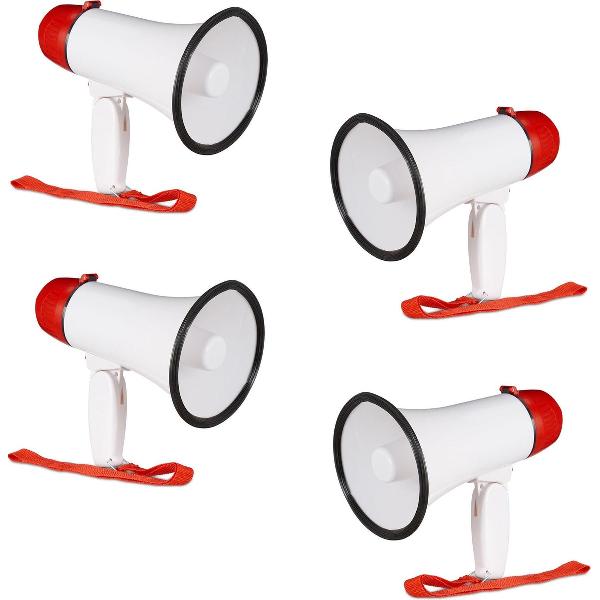 relaxdays 4 x megafoon grappig - megaphone kunststof - wit-rood - stemversterker - 10 watt