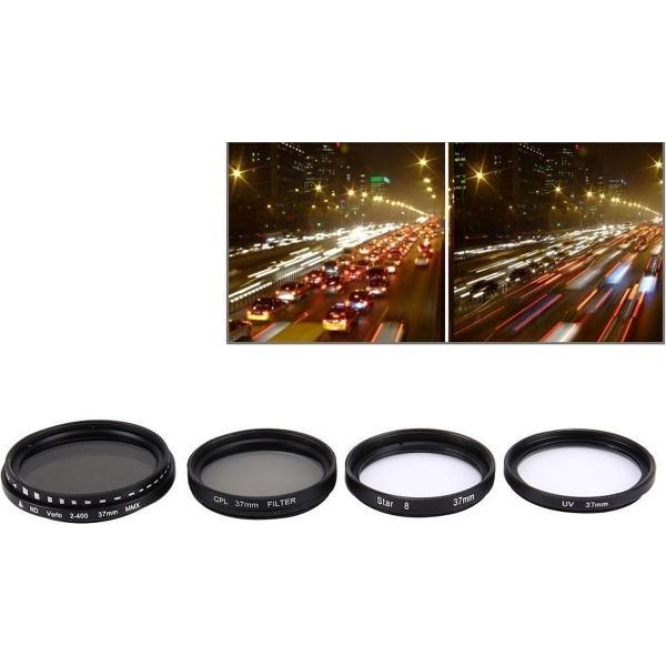 JUNESTAR 4-in-1 professionele 37-mm lensfilter (CPL + UV + ND2-400 + ster 8) voor GoPro en Xiaomi Xiaoyi Yi Sport-actiecamera