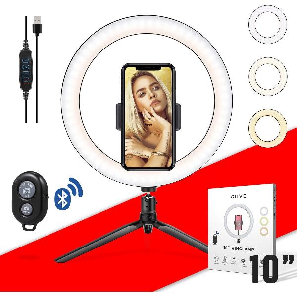 GIIVE – 10 Inch LED Ringlamp set PRO – Make-up Lamp – Fotostudio - Met Statief en Telefoonhouder - voor Camera en Smartphone