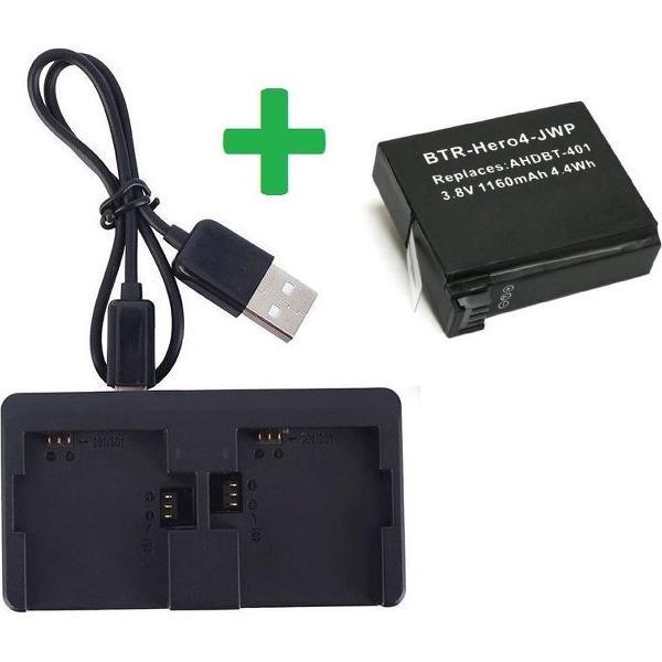 Proqam® Dual Charger + Batterij voor GoPro Hero 4 (externe oplader,accu)