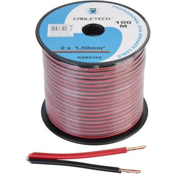 Cabletech - Speaker kabel luidsprekersnoer CCA rood / zwart 2x 1.5mm Haspel 100m