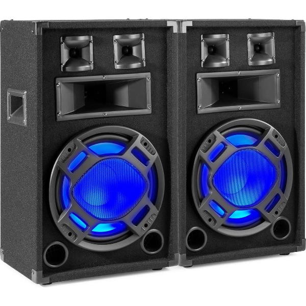 Speakerset - Set van 2 Fenton BS12 speakers met 12 woofer, ritmische disco LED's en 600W max. per speaker - Zwart