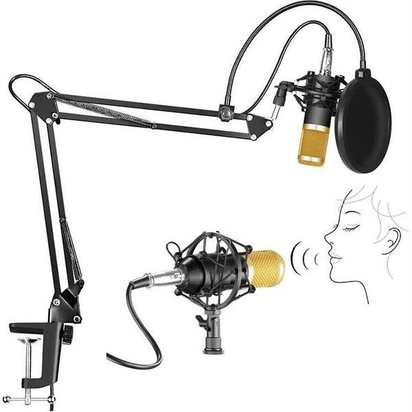 NÖRDIC BM800 Microfoonkit met condensatormicrofoon, tafelstandaard popfilter, shockmount en audiokabel, Zwart / Goud