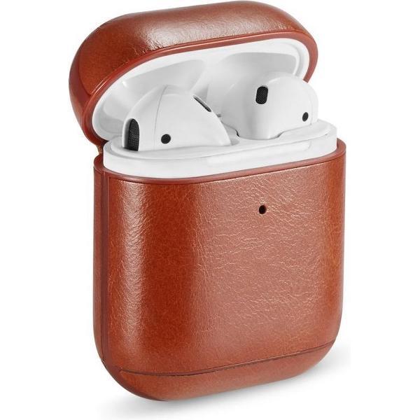 Let op type!! Echt leer gek paard textuur oortelefoon beschermende case voor Apple AirPods (bruin)